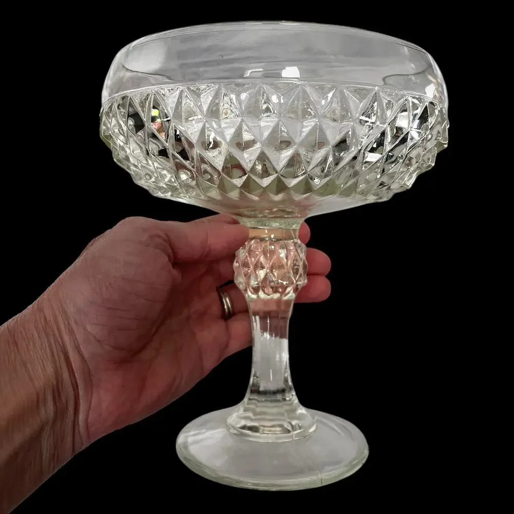 Indiana Glass Clear Diamond Point Candy Compote Pedestal Bowl Footed Dish Vtg